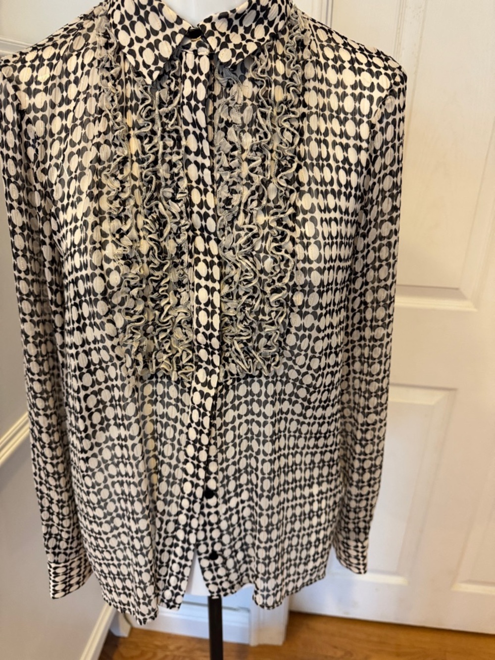 Zara Black and White Patterned Ruffle Front Blouse